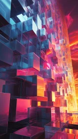 Glass data cubes rise through neon sunset gradients.