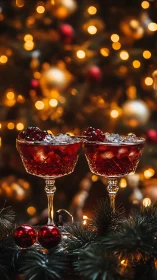 Holiday cocktails in crystal coupes against defocused bokeh lights