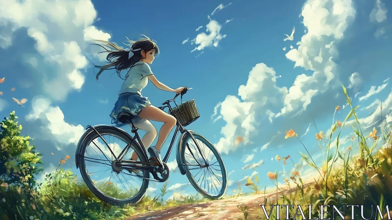 Cyclist Riding Through Rural Landscape with Wildflowers