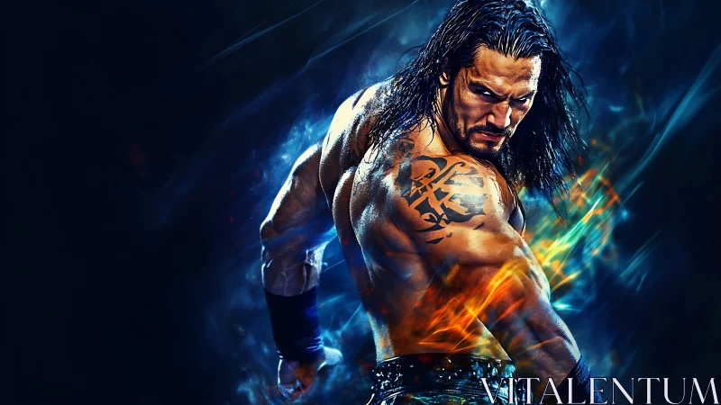 Tattooed storm warrior coils power in blazing neon smoke