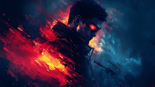 Futuristic vigilante in red cyan split lighting digital portrait.