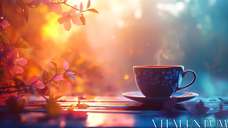 Sunlit floral teacup inviting a slow, comforting pause.