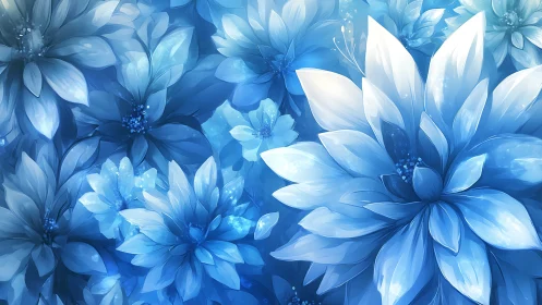 Blue-toned digital illustration of layered floral forms.