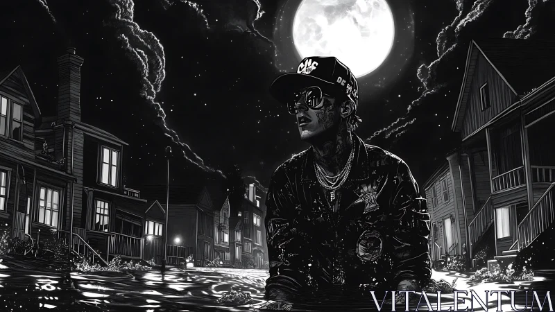 Tattooed rapper wades through flooded street under full moon