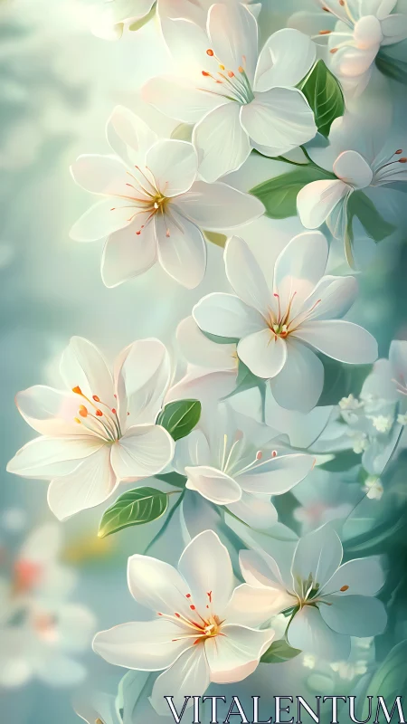 Delicate white blossoms with golden stamens rendered in soft luminous digital painting.