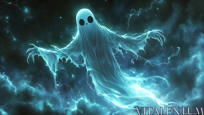 Cosmic ghost drifts through electric nebula nightscape.