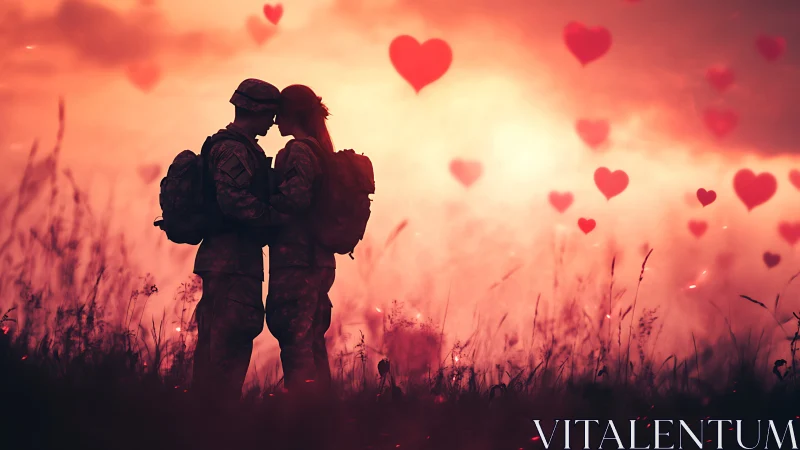 Silhouetted Romance at Golden Hour Against Floating Hearts.