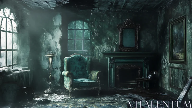 Haunted emerald parlor shows decayed Victorian elegance.