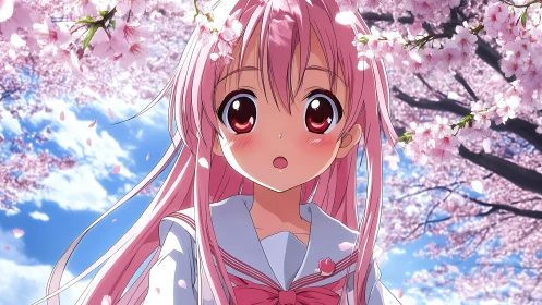 Blossom-kissed anime schoolgirl beneath drifting sakura sky.