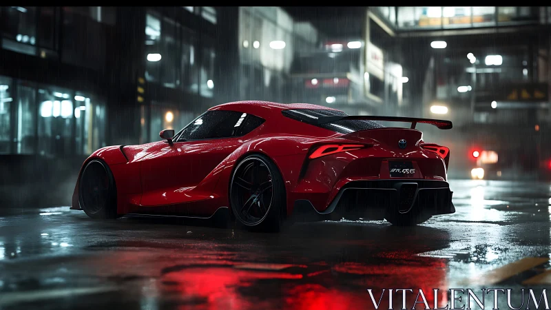 Sleek red sports car glowing on a rainy city night street.