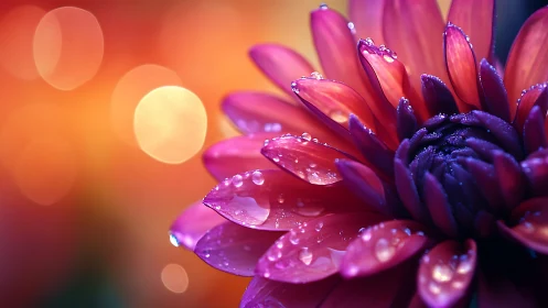 Dahlia Drenched in Dewdrops Glowing Beneath Sunset.