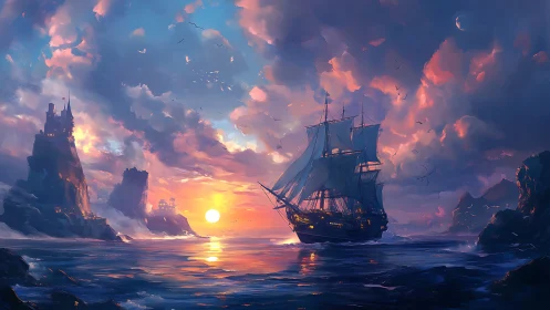 Sunlit galleon drifting toward painted twilight shores.