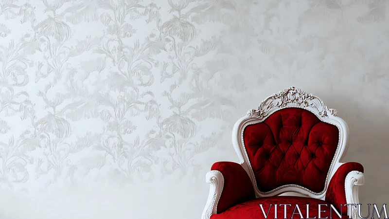 Ornate red velvet armchair rests against soft floral wall