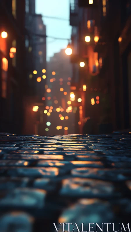 Wet cobblestone alleyway captures bokeh city lights at dusk