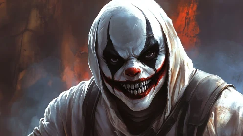Sinister hooded clown with blood red smile in smoke