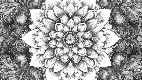 Monochrome radial floral mandala with layered petal geometry.