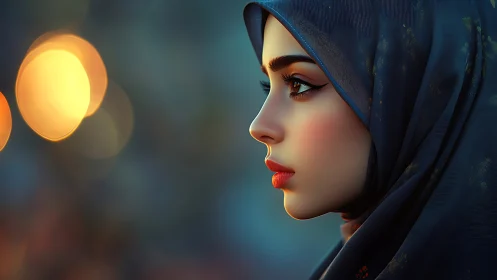 Elegant woman in blue hijab, digital portrait with soft bokeh lights.