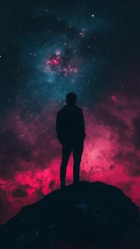 Silhouette on a starlit peak contemplates a vivid cosmic sky