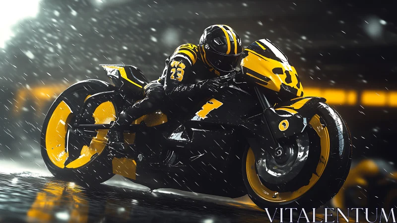 Motorcycle rider on wet track in heavy nighttime rainfall.