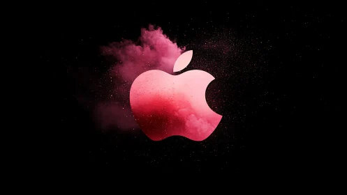 Pink apple-shaped logo glows amid cosmic powder burst.