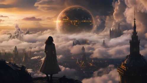 Backlit figure surveys neo-gothic cloud city beneath orbiting sphere