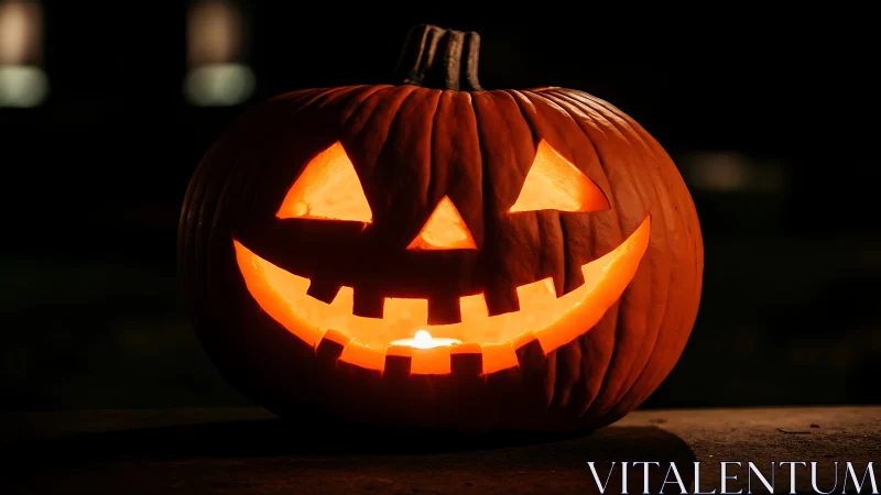 Carved jack o lantern glows warmly in dark outdoor scene