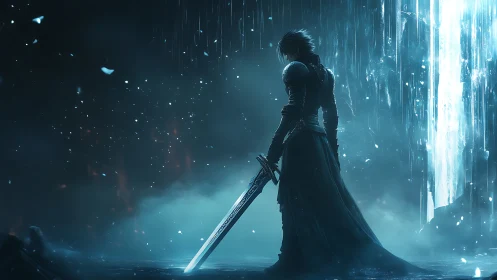 Solitary armored warrior stands in icy blue cavern scene.