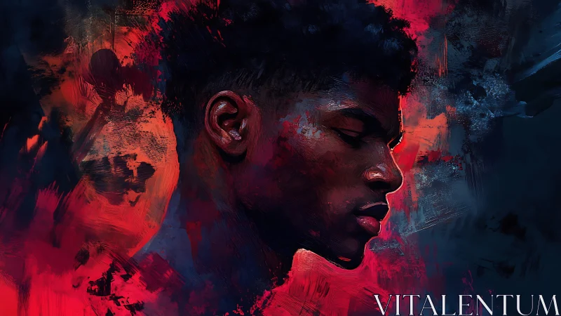 Profile portrait amid abstract red and blue brushstrokes.