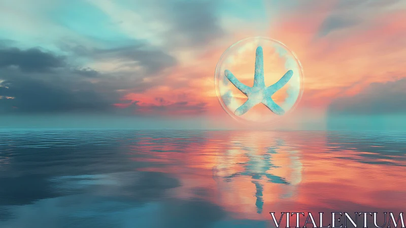 Soft pastel seascape glows around a floating starfish sphere