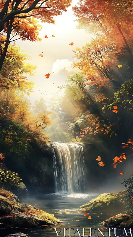 Waterfall flows through autumn forest under diffused sunlight