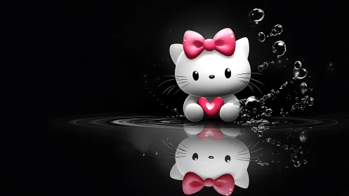 Hello Kitty 3D figure with pink bow holding red heart amid water splashes