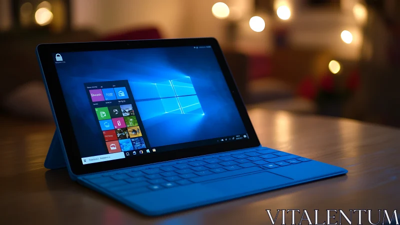 Backlit tablet PC running Windows 10 in low-light bokeh environment