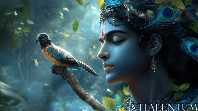 Blue skinned figure with bird on branch in misty forest scene