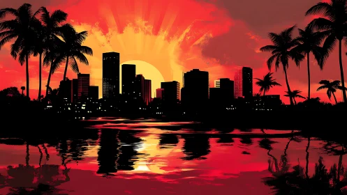 Tropical city skyline glows against a radiant red sunset.
