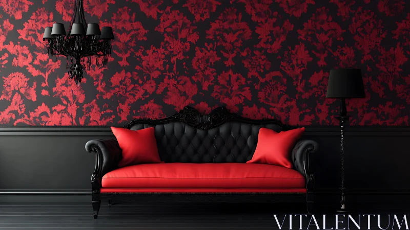Black and red baroque sofa in dramatic living room interior.