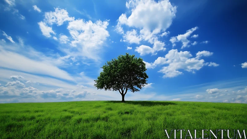 Lone Tree on Green Hill Under Blue Sky, Serene Landscape Photo.