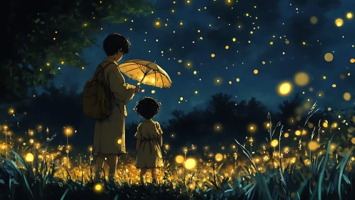 Gentle siblings share a glowing walk through firefly night