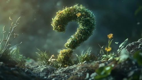 Lush Green Question Mark in Magical Nature Scene, Photorealistic Style.