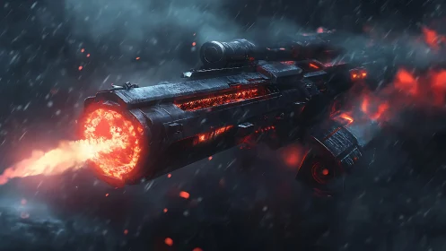 Heavy sci fi cannon discharges molten energy in storm