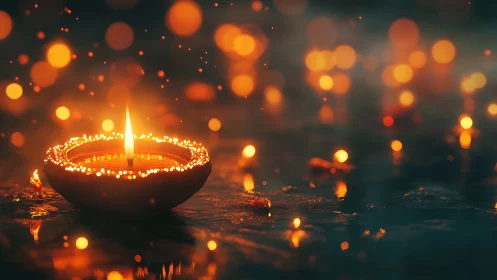 Gentle candle flame glows warmly amid dreamy golden lights