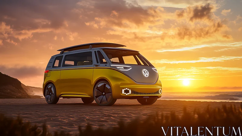 Photorealistic electric van concept at cinematic sunset beach scene.