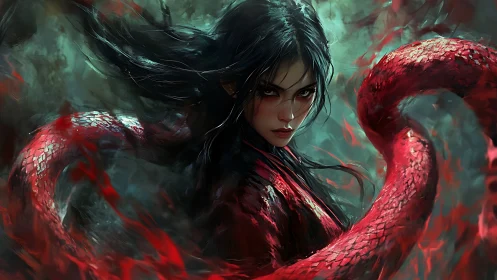 Serpent-blood sorceress swirling through crimson stormfire.