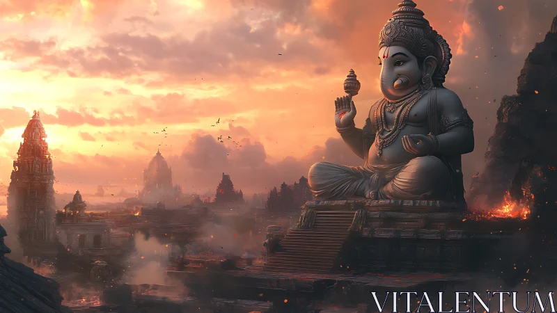 Gentle temple guardian watching a glowing sunset sky.