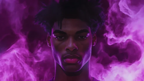 Mystic portrait glows as violet smoke curls around calm face