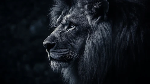 Nocturnal lion portrait in dramatic sidelighting profile.
