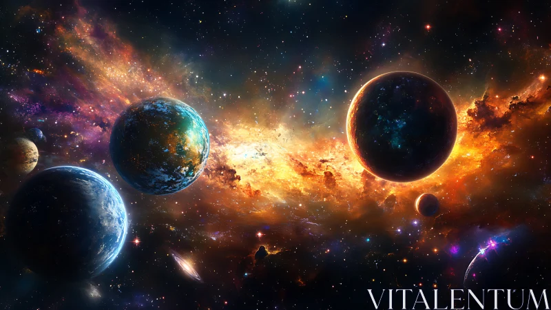 Worlds drift through a molten river of galactic fire