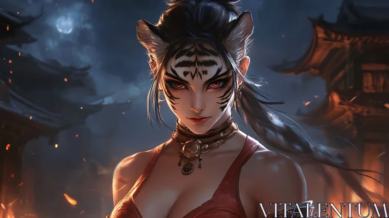 Fierce tiger-eared warrior stands amid burning temples at night.