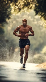 Shirtless runner sprinting through shallow water outdoors.