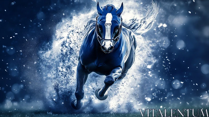 Cybernetic racehorse sprints through particle-rich blue energy field