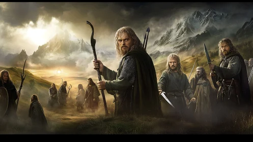 Warriors stand armed in a misty mountain battlefield landscape